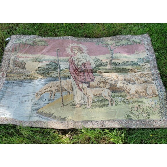 Vtg 70 Religious Jesus Christ & Lambs Velvet Sofa Tapestry Style Lg Wall Hanging - Picture 7 of 10